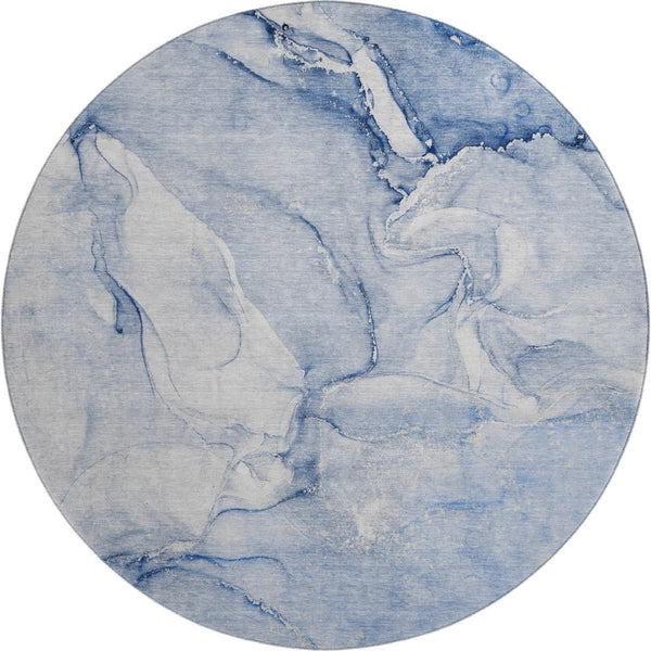 HomeRoots 8' Navy Blue and Ivory Abstract Round Rug - Washable, UV-Protected, Durable for Busy Homes 647179