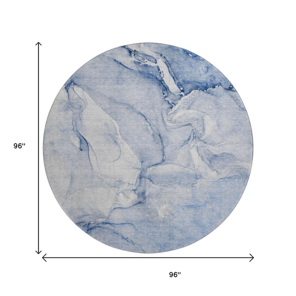 HomeRoots 8' Navy Blue and Ivory Abstract Round Rug - Washable, UV-Protected, Durable for Busy Homes 647179