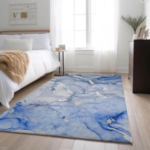 HomeRoots 8' X 10' Navy Blue & Ivory Abstract Washable Area Rug – Stylish, Durable, UV-Protective Design! 647180