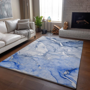 HomeRoots 8' X 10' Navy Blue & Ivory Abstract Washable Area Rug – Stylish, Durable, UV-Protective Design! 647180