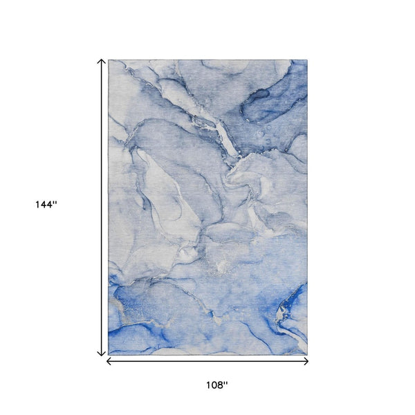 HomeRoots 9' X 12' Navy Blue & Ivory Abstract Area Rug - Washable, UV-Protected, Durable Design for High-Traffic Areas 647181