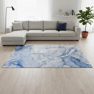 HomeRoots 9' X 12' Navy Blue & Ivory Abstract Area Rug - Washable, UV-Protected, Durable Design for High-Traffic Areas 647181