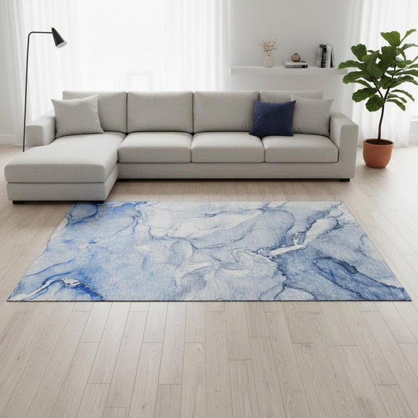 HomeRoots 9' X 12' Navy Blue & Ivory Abstract Area Rug - Washable, UV-Protected, Durable Design for High-Traffic Areas 647181