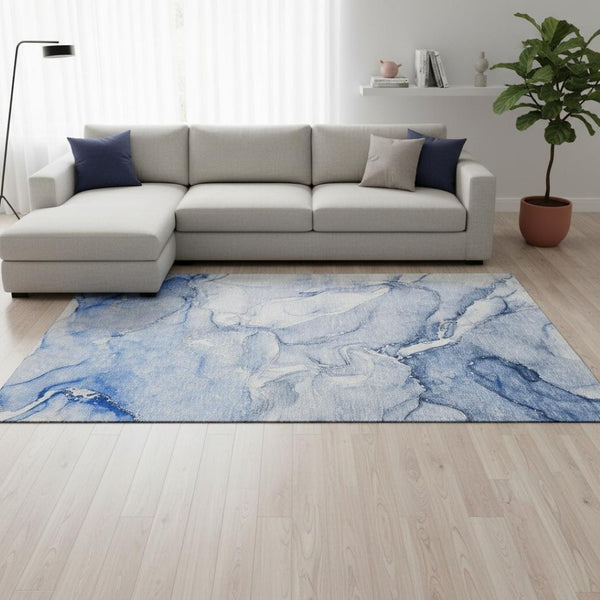 HomeRoots 9' X 12' Navy Blue & Ivory Abstract Area Rug - Washable, UV-Protected, Durable Design for High-Traffic Areas 647181