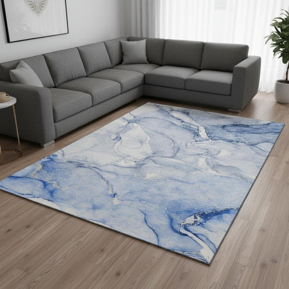 HomeRoots 10' Navy Blue and Ivory Abstract Area Rug - Washable, UV-Protected, Durable, Perfect for Busy Homes 647182