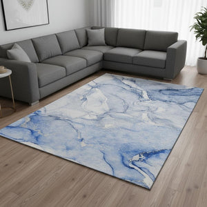 HomeRoots 10' Navy Blue and Ivory Abstract Area Rug - Washable, UV-Protected, Durable, Perfect for Busy Homes 647182