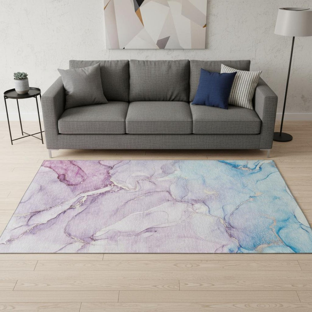 HomeRoots 5' X 8' Vibrant Purple, Blue & Ivory Abstract Area Rug - Washable, Stain Resistant & UV Protected! 647184