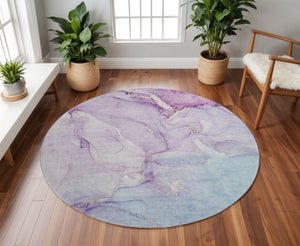 HomeRoots 8' Abstract Washable Round Rug in Purple, Blue & Ivory - Stain-Resistant, UV Protected, Durable Design 647185