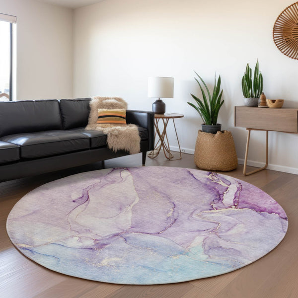 HomeRoots 8' Abstract Washable Round Rug in Purple, Blue & Ivory - Stain-Resistant, UV Protected, Durable Design 647185
