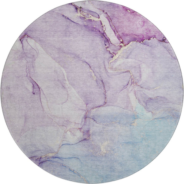HomeRoots 8' Abstract Washable Round Rug in Purple, Blue & Ivory - Stain-Resistant, UV Protected, Durable Design 647185