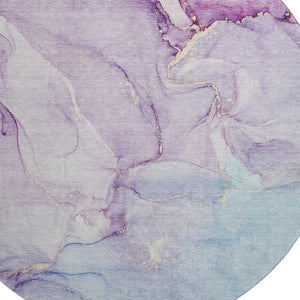HomeRoots 8' Abstract Washable Round Rug in Purple, Blue & Ivory - Stain-Resistant, UV Protected, Durable Design 647185