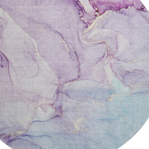 HomeRoots 8' Abstract Washable Round Rug in Purple, Blue & Ivory - Stain-Resistant, UV Protected, Durable Design 647185