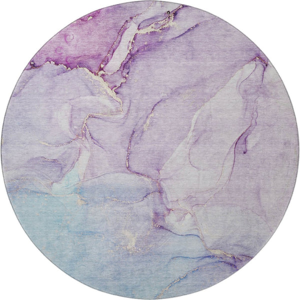 HomeRoots 8' Abstract Washable Round Rug in Purple, Blue & Ivory - Stain-Resistant, UV Protected, Durable Design 647185