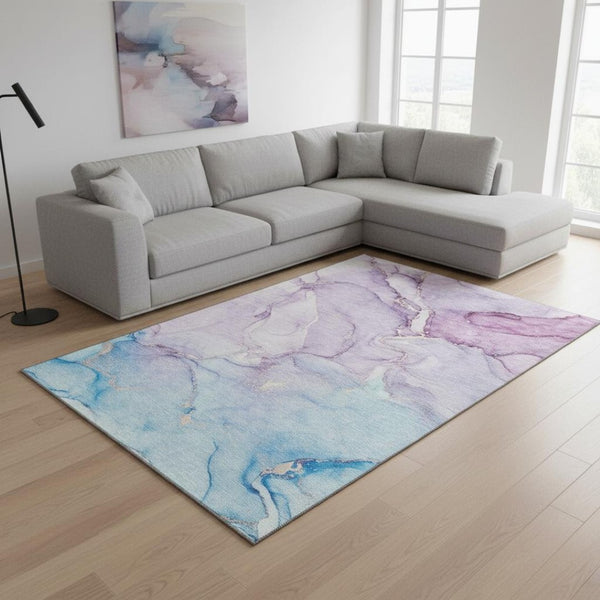 HomeRoots 8' X 10' Stylish Purple, Blue & Ivory Abstract Washable Area Rug with UV Protection for Durability 647186