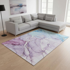 HomeRoots 9' X 12' Abstract Purple Blue Ivory Area Rug – Stylish, Washable, UV-Protected, Durable Design for Homes 647187