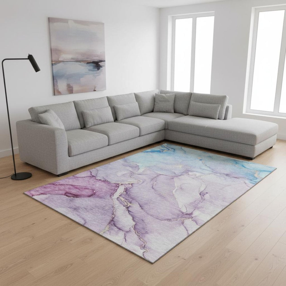 HomeRoots 10' Abstract Area Rug in Purple, Blue & Ivory – Washable, UV-Protected, Perfect for High-Traffic Spaces 647188