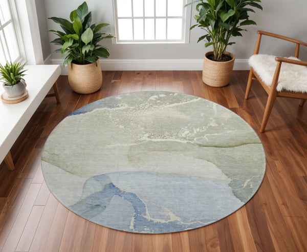 HomeRoots 8' Modern Blue Gray and Ivory Abstract Washable Round Rug with UV Protection for Active Homes 647191