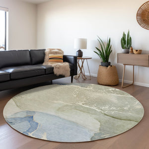HomeRoots 8' Modern Blue Gray and Ivory Abstract Washable Round Rug with UV Protection for Active Homes 647191