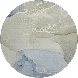 HomeRoots 8' Modern Blue Gray and Ivory Abstract Washable Round Rug with UV Protection for Active Homes 647191