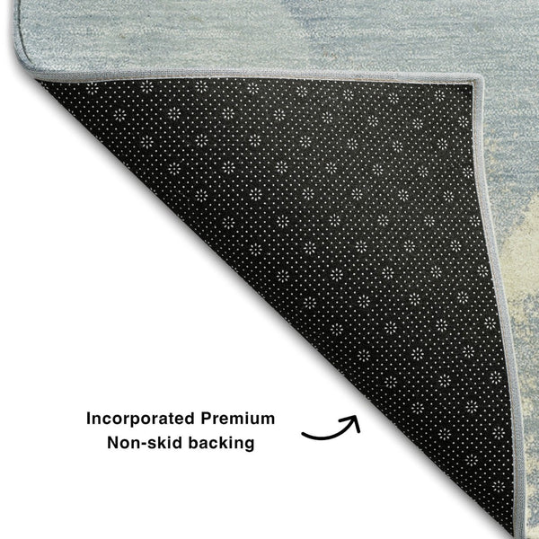 HomeRoots 8' Modern Blue Gray and Ivory Abstract Washable Round Rug with UV Protection for Active Homes 647191