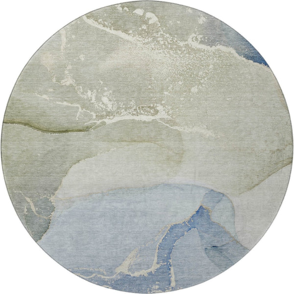 HomeRoots 8' Modern Blue Gray and Ivory Abstract Washable Round Rug with UV Protection for Active Homes 647191
