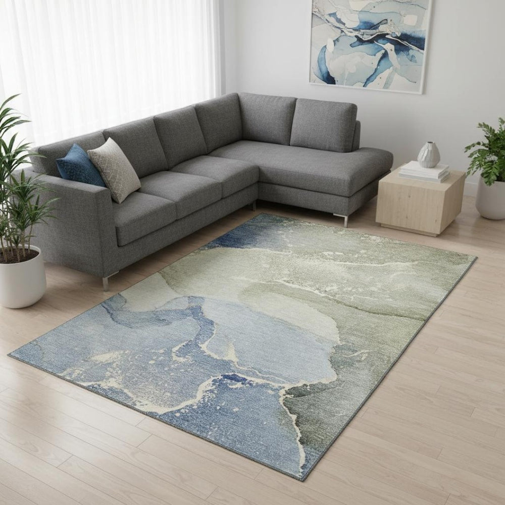 HomeRoots 8' X 10' Blue-Gray & Ivory Abstract Washable Area Rug with UV Protection for Modern Spaces 647192