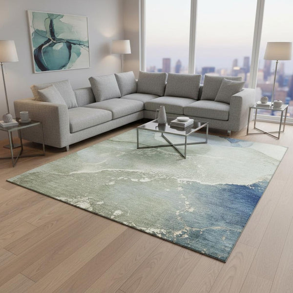 HomeRoots 9' X 12' Modern Blue Gray Abstract Washable Area Rug - Durable, Stain Resistant, UV Protected Design 647193