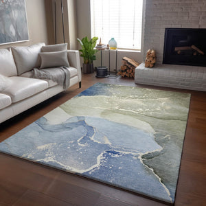 HomeRoots 9' X 12' Modern Blue Gray Abstract Washable Area Rug - Durable, Stain Resistant, UV Protected Design 647193