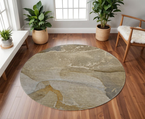 HomeRoots 8' Brown Gray Ivory Abstract Round Rug - Washable, UV-Protected, Durable & Stylish for Busy Homes 647197