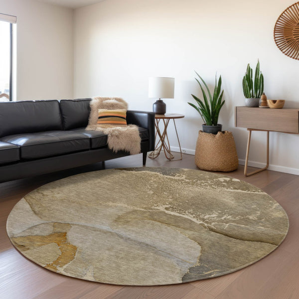 HomeRoots 8' Brown Gray Ivory Abstract Round Rug - Washable, UV-Protected, Durable & Stylish for Busy Homes 647197