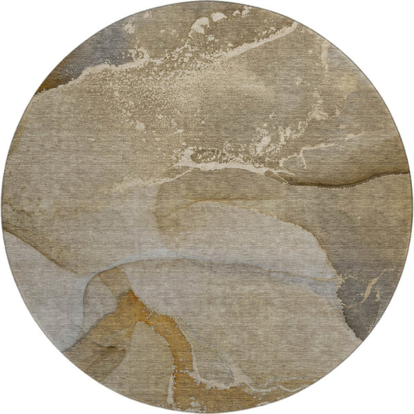 HomeRoots 8' Brown Gray Ivory Abstract Round Rug - Washable, UV-Protected, Durable & Stylish for Busy Homes 647197