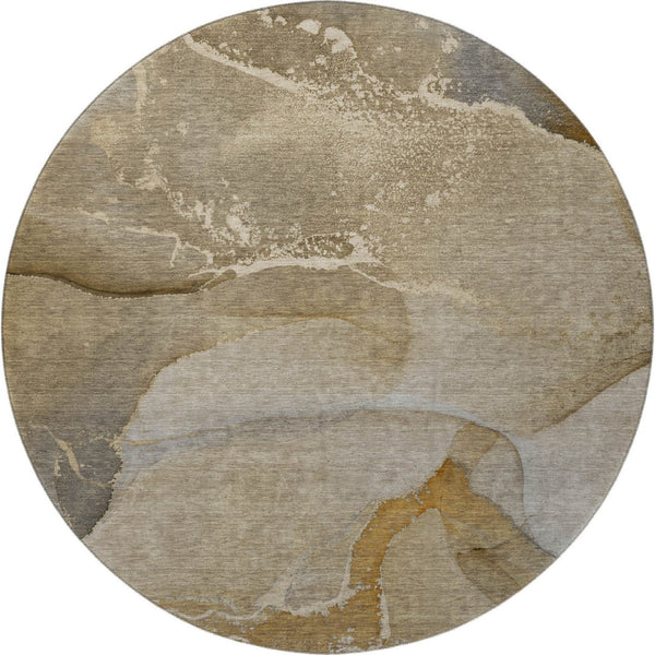 HomeRoots 8' Brown Gray Ivory Abstract Round Rug - Washable, UV-Protected, Durable & Stylish for Busy Homes 647197