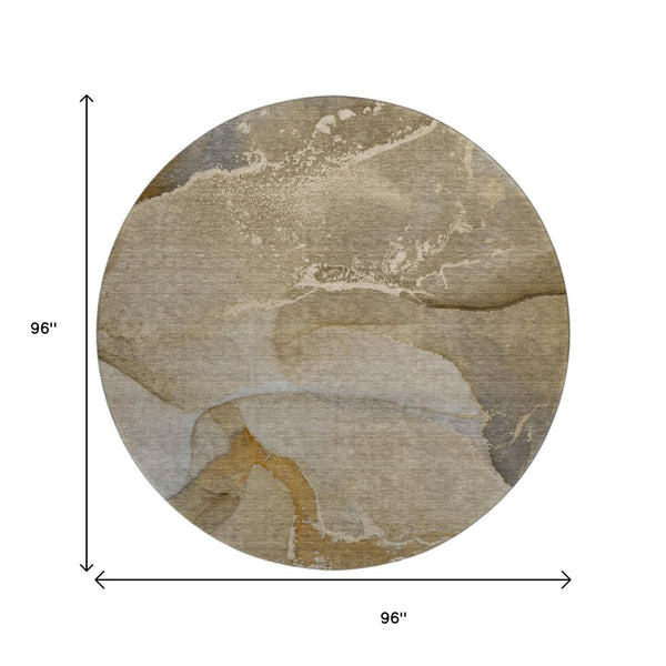 HomeRoots 8' Brown Gray Ivory Abstract Round Rug - Washable, UV-Protected, Durable & Stylish for Busy Homes 647197
