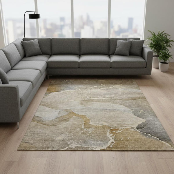 HomeRoots 8' X 10' Abstract Brown Gray Ivory Area Rug - Washable, Stain Resistant, UV Protected, Stylish & Durable 647198