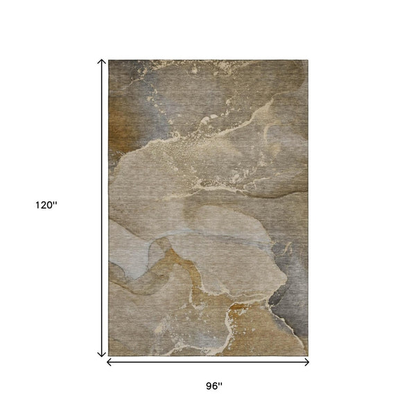 HomeRoots 8' X 10' Abstract Brown Gray Ivory Area Rug - Washable, Stain Resistant, UV Protected, Stylish & Durable 647198