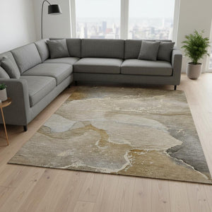 HomeRoots 9' X 12' Elegant Brown Gray Ivory Abstract Area Rug - Durable, Washable, UV Protected for Modern Homes 647199