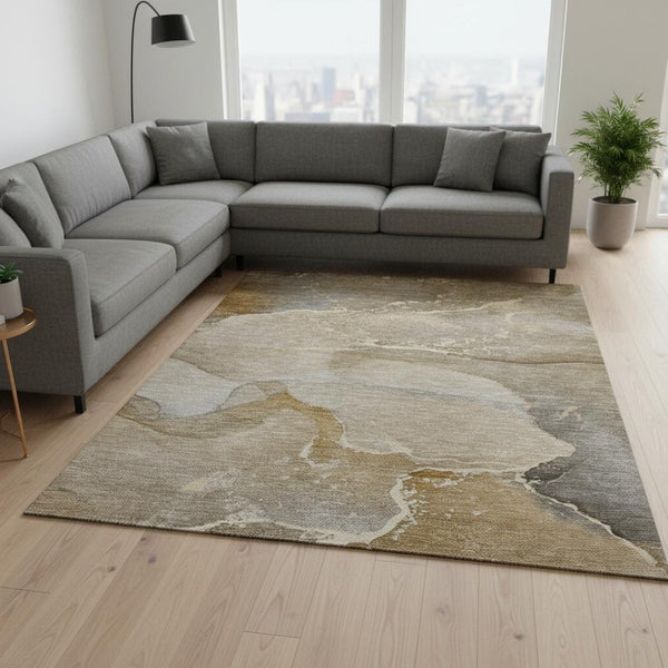 HomeRoots 9' X 12' Elegant Brown Gray Ivory Abstract Area Rug - Durable, Washable, UV Protected for Modern Homes 647199