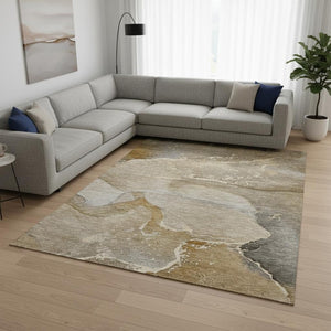 HomeRoots 10' X 14' Stylish Brown Gray Ivory Abstract Washable Area Rug with UV Protection for High-Traffic Rooms 647200
