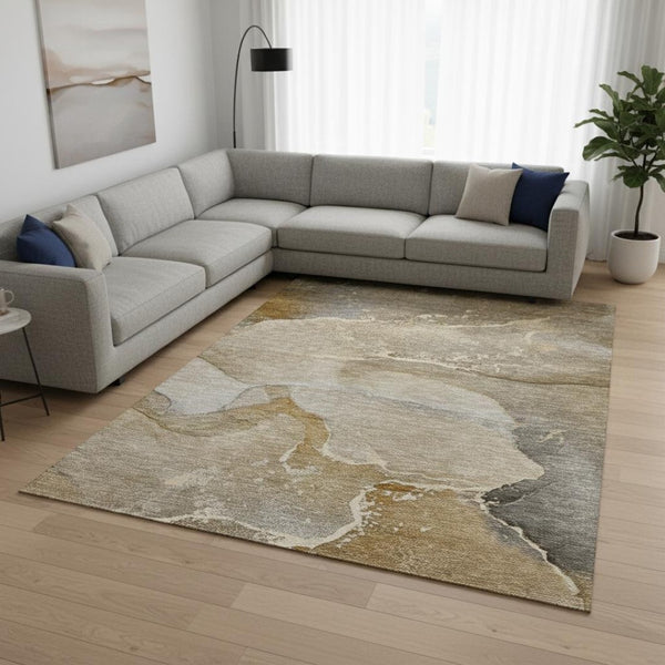HomeRoots 10' X 14' Stylish Brown Gray Ivory Abstract Washable Area Rug with UV Protection for High-Traffic Rooms 647200
