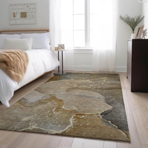 HomeRoots 10' X 14' Stylish Brown Gray Ivory Abstract Washable Area Rug with UV Protection for High-Traffic Rooms 647200