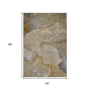 HomeRoots 10' X 14' Stylish Brown Gray Ivory Abstract Washable Area Rug with UV Protection for High-Traffic Rooms 647200
