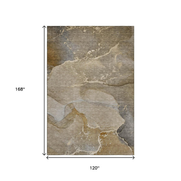 HomeRoots 10' X 14' Stylish Brown Gray Ivory Abstract Washable Area Rug with UV Protection for High-Traffic Rooms 647200