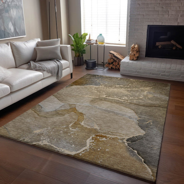 HomeRoots 10' X 14' Stylish Brown Gray Ivory Abstract Washable Area Rug with UV Protection for High-Traffic Rooms 647200
