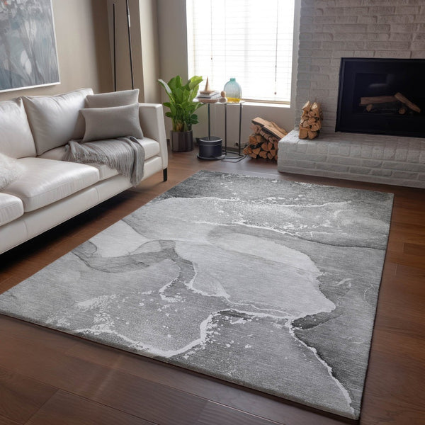HomeRoots 5' X 8' Gray And Ivory Abstract Area Rug - Durable, Washable, UV Protected for Stylish, Kid-Friendly Spaces 647202