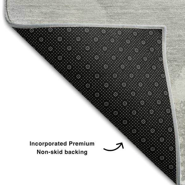 HomeRoots 8' Gray And Ivory Abstract Round Rug – Washable, UV Protected, Stain Resistant for Modern Homes 647203