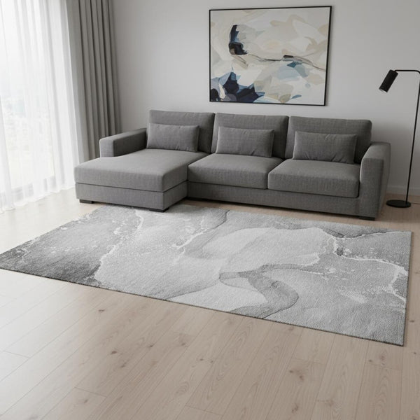 HomeRoots 9' X 12' Modern Gray and Ivory Abstract Area Rug - Washable, UV Protected, Stain Resistant Design! 647205
