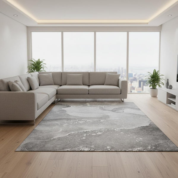 HomeRoots 10' X 14' Gray And Ivory Abstract Area Rug - Washable, Stain-Resistant, UV-Protected for Homes 647206