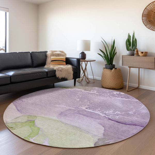 HomeRoots 8' Vibrant Purple, Green & Ivory Abstract Washable Round Rug with UV Protection for Busy Homes 647209