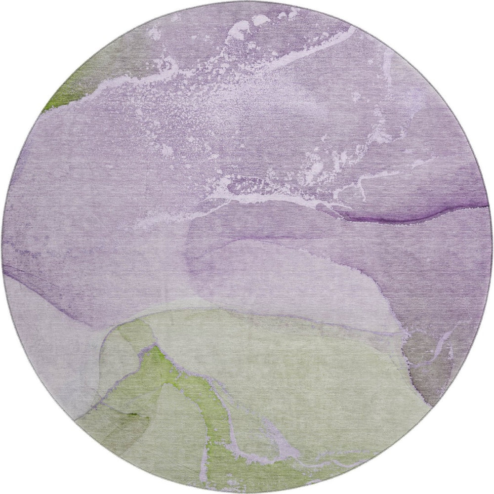 HomeRoots 8' Vibrant Purple, Green & Ivory Abstract Washable Round Rug with UV Protection for Busy Homes 647209