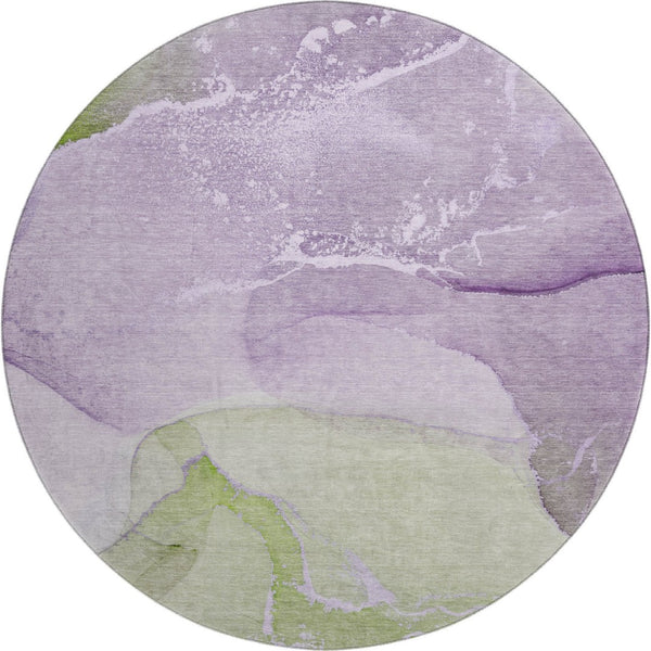 HomeRoots 8' Vibrant Purple, Green & Ivory Abstract Washable Round Rug with UV Protection for Busy Homes 647209